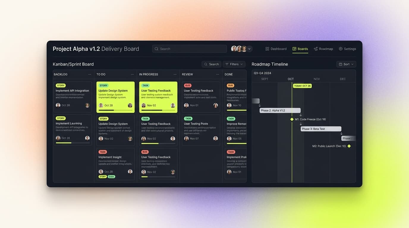 Sprint delivery board and roadmap timeline preview