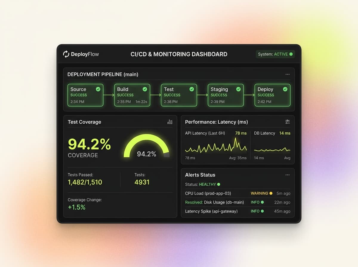 CI/CD gates and system observability dashboard preview