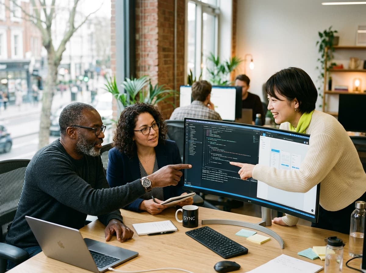 Senior team collaborating around computer screen